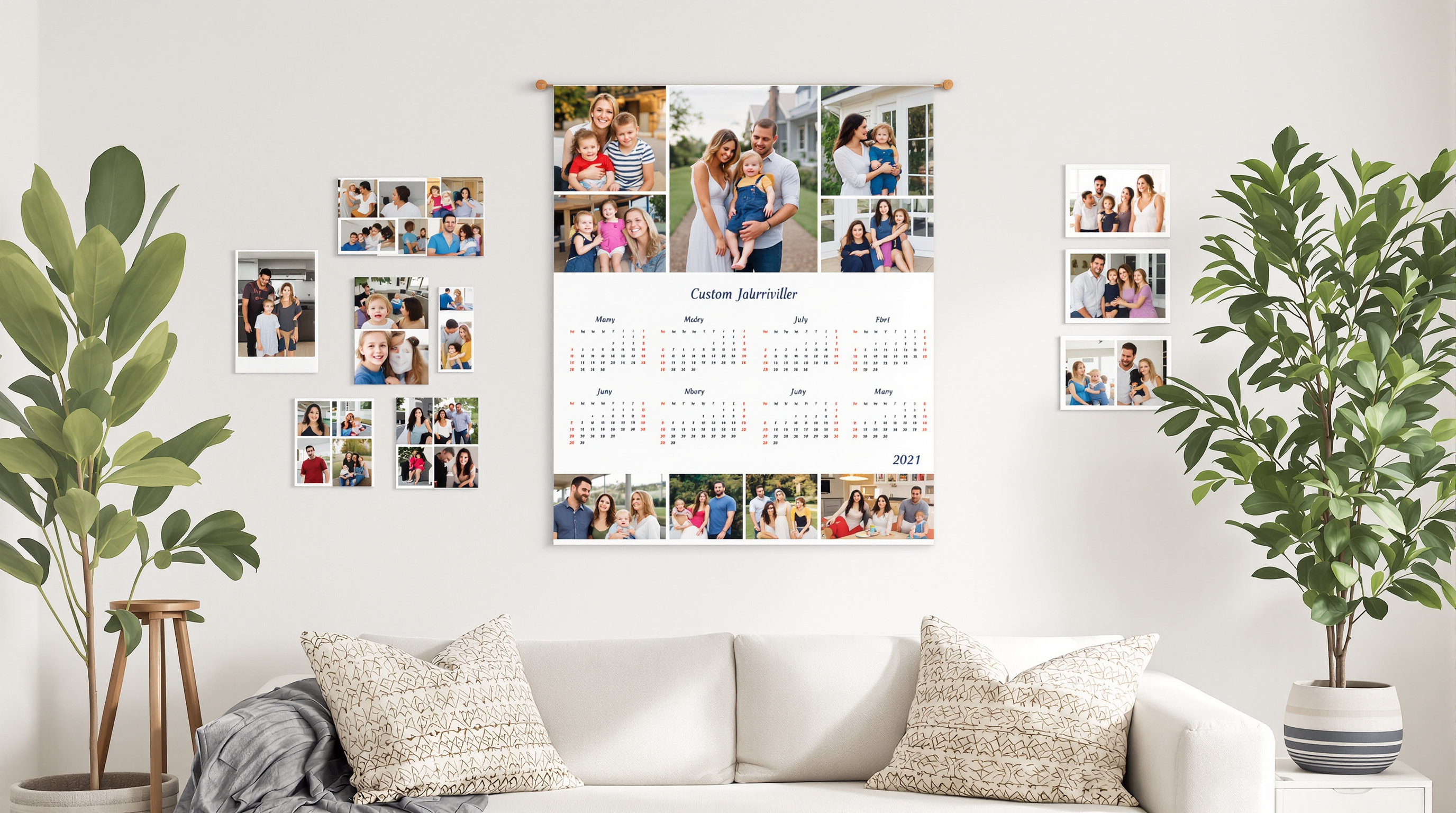 A beautifully designed custom wall calendar hanging in a bright, modern living room in Louisville, featuring vibrant family photos for each month, surrounded by printed photo samples and a warm, inviting home atmosphere. Natural light, photographic style, 