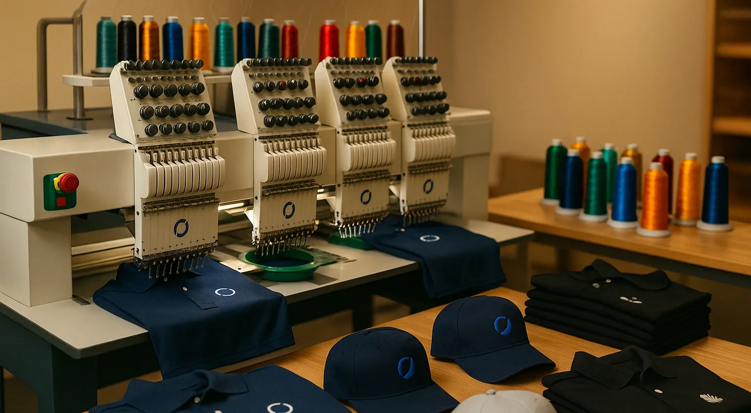 Close-up of an embroidery machine stitching the word “Company” in golden thread on blue fabric, with icons highlighting premium threads, apparel and accessories, fast turnaround, and local service for custom embroidery.