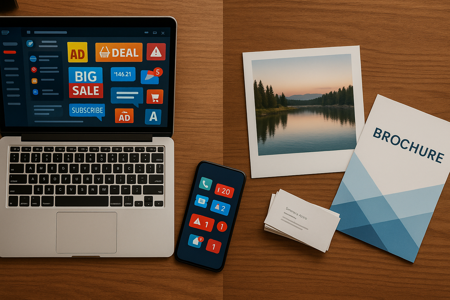 Digital clutter vs print clarity with laptop, phone, photo, and brochure