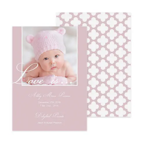 Baby announcement photo card with mauve design
