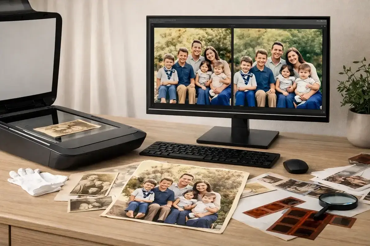 Old photographs film strips and a monitor displaying a restored image in a clean archival workspace