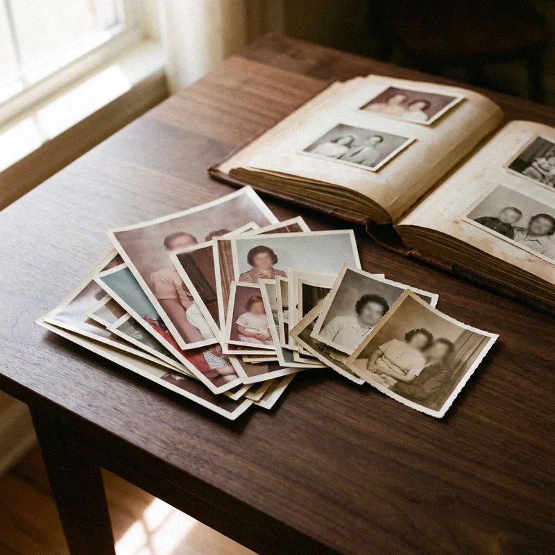 A fan of faded family photo prints next to an open photo album.