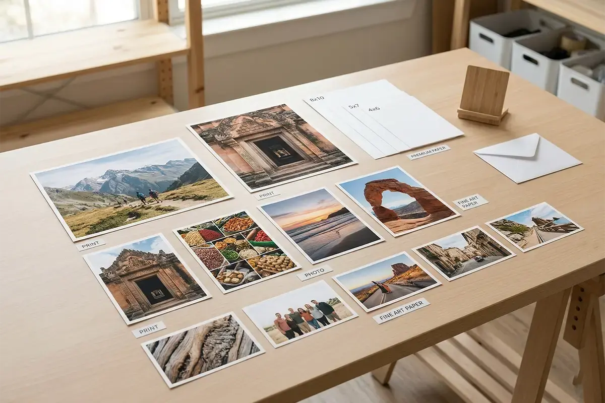 Finished photo prints laid out neatly on a clean table with color-accurate student-life images and a professional print lab feel
