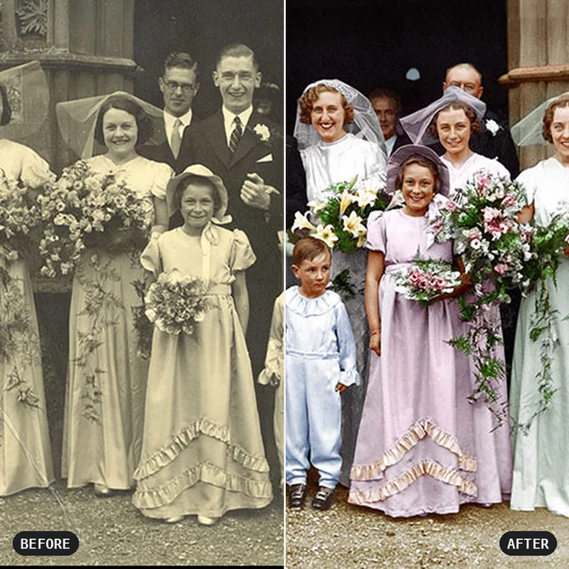 A faded black and white wedding group photo beside the same photo restored in color.