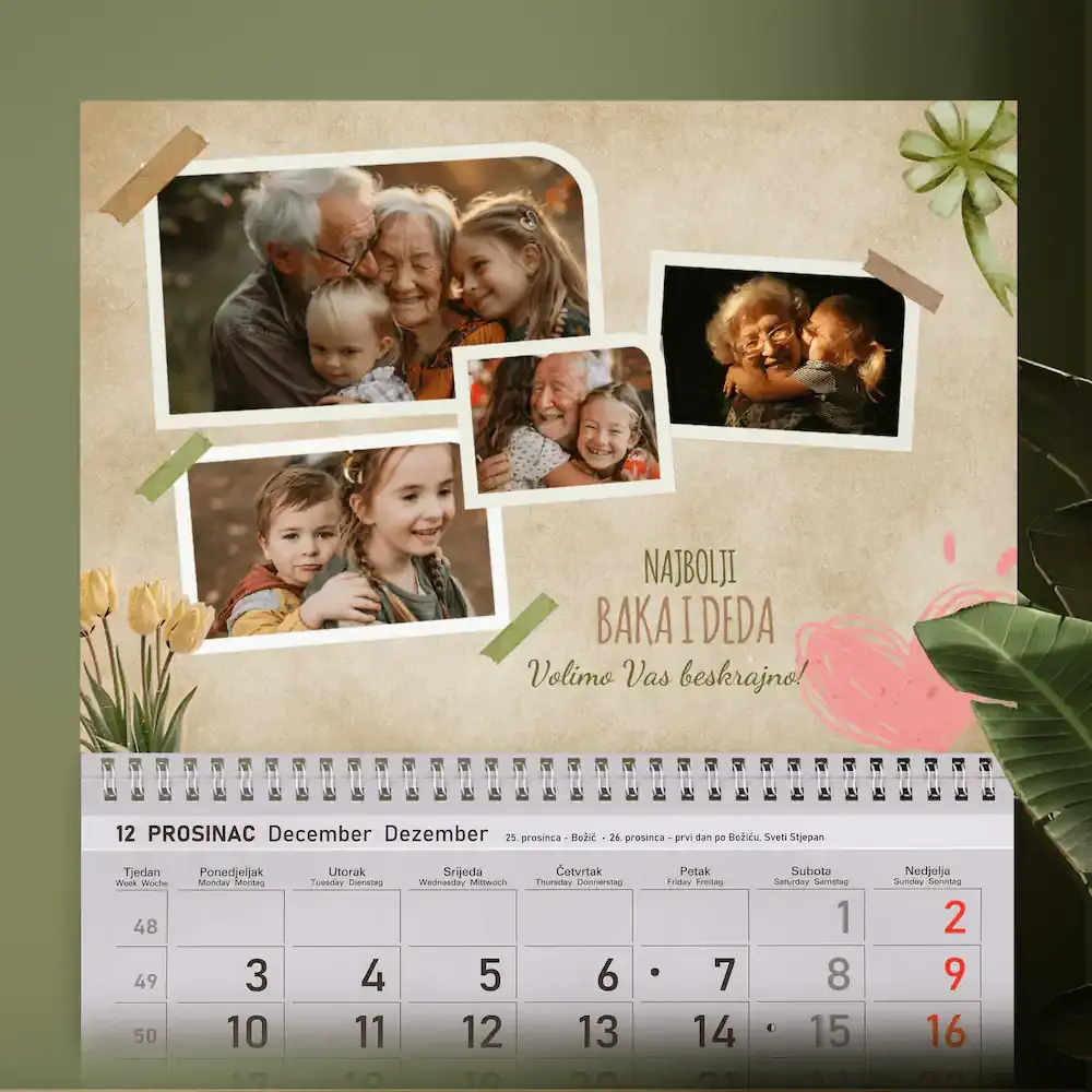 Personalizirani zidni kalendar s toplim vintage dizajnom, idealan kao poklon za baku i djeda