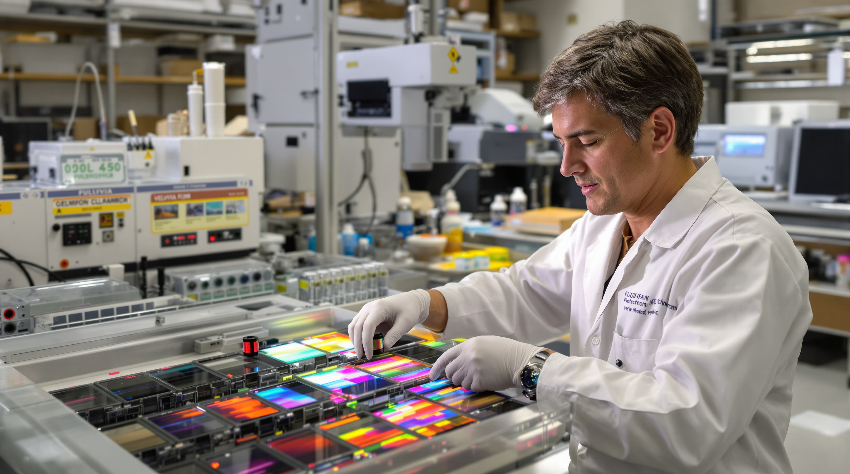 Professional photography lab technician carefully handling colorful Fujichrome Velvia slide film during E6 processing, with development tanks and scanning equipment visible in the background, set in a Kentucky photo lab with natural light