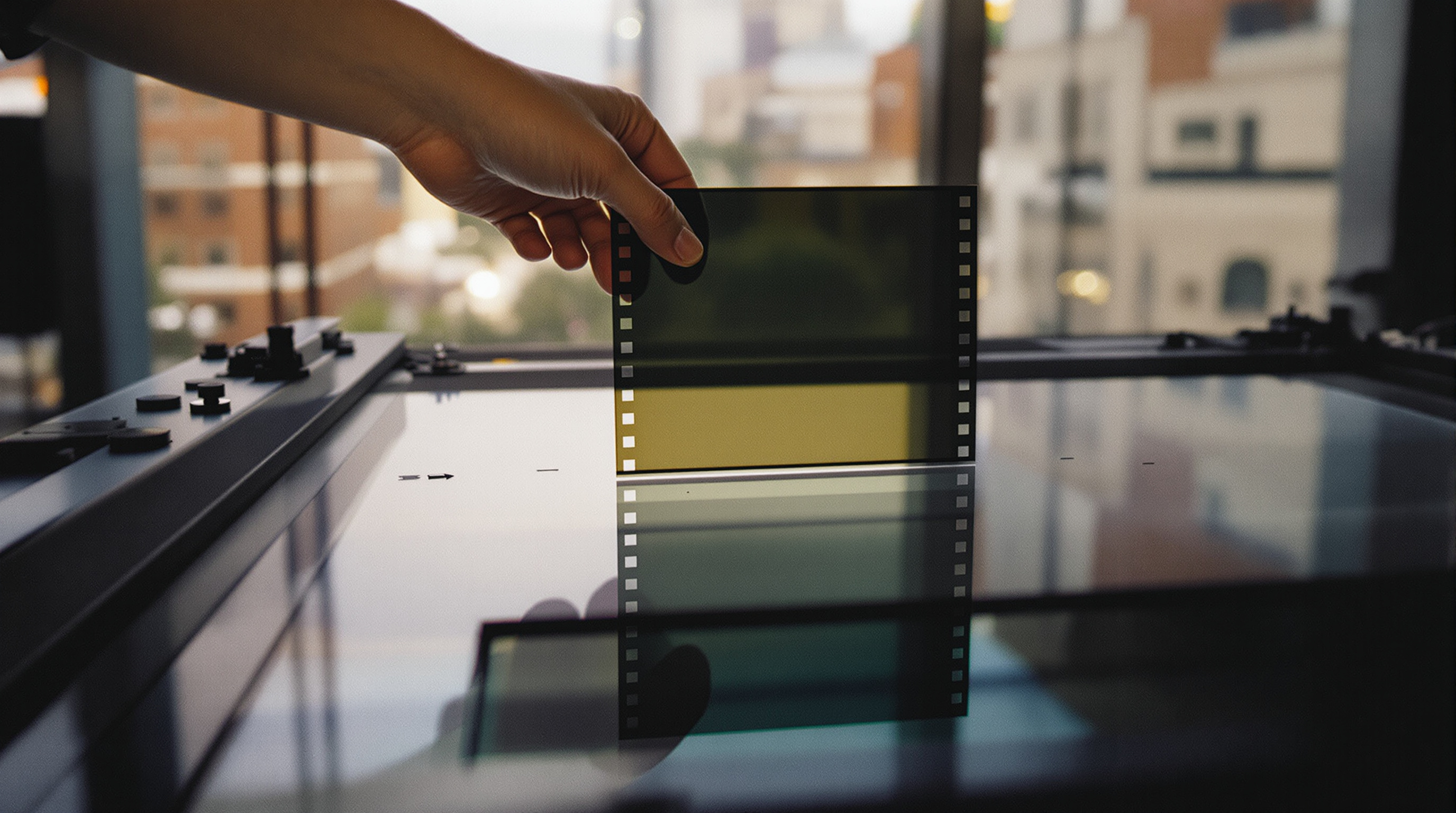 A close-up photographic shot of 35mm film negatives being placed on a professional flatbed film scanner, with warm analog tones, a blurred Louisville Kentucky cityscape softly visible through a window in the background, studio lighting highlighting the fil