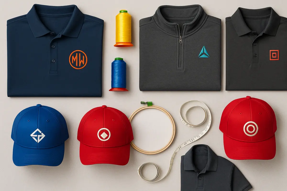Flat lay of embroidered polos, hats and jackets with colorful threads