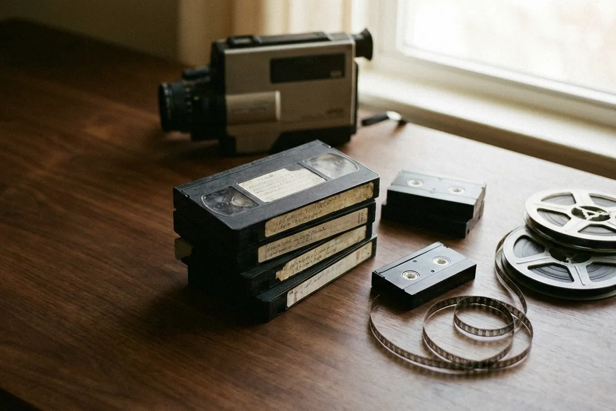 A stack of VHS tapes, a camcorder tape and two home movie film reels.