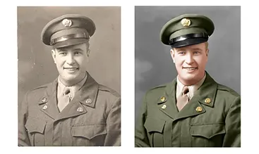 Before and after colorization of a black and white military portrait of a soldier in uniform