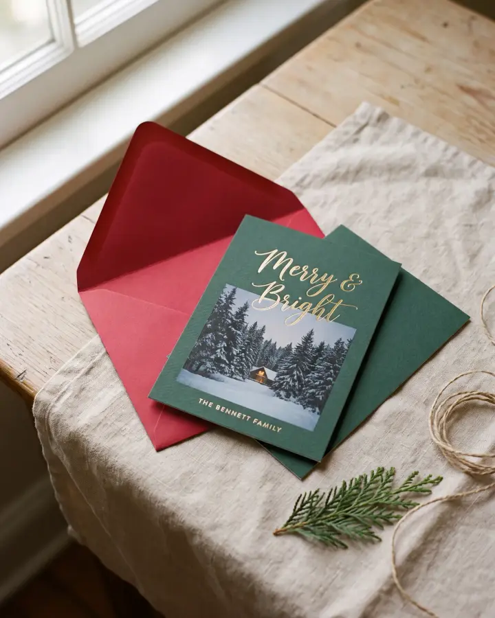 Holiday card with gold foil and a red envelope
