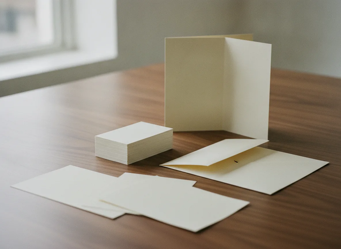 A stack of cream business cards, an open tri-fold brochure, flyers and an envelope on a walnut table.