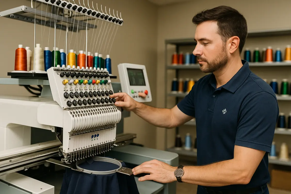 Technician adjusting multi-head embroidery machine
