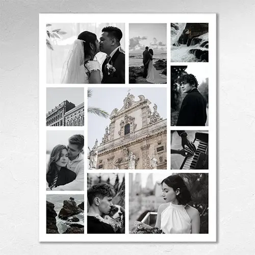 Collage of photographs including portraits, landscapes, and travel scenes such as a couple’s wedding, mountain roads, coastal city views, and a woman in traditional clothing, arranged in a clean grid layout.