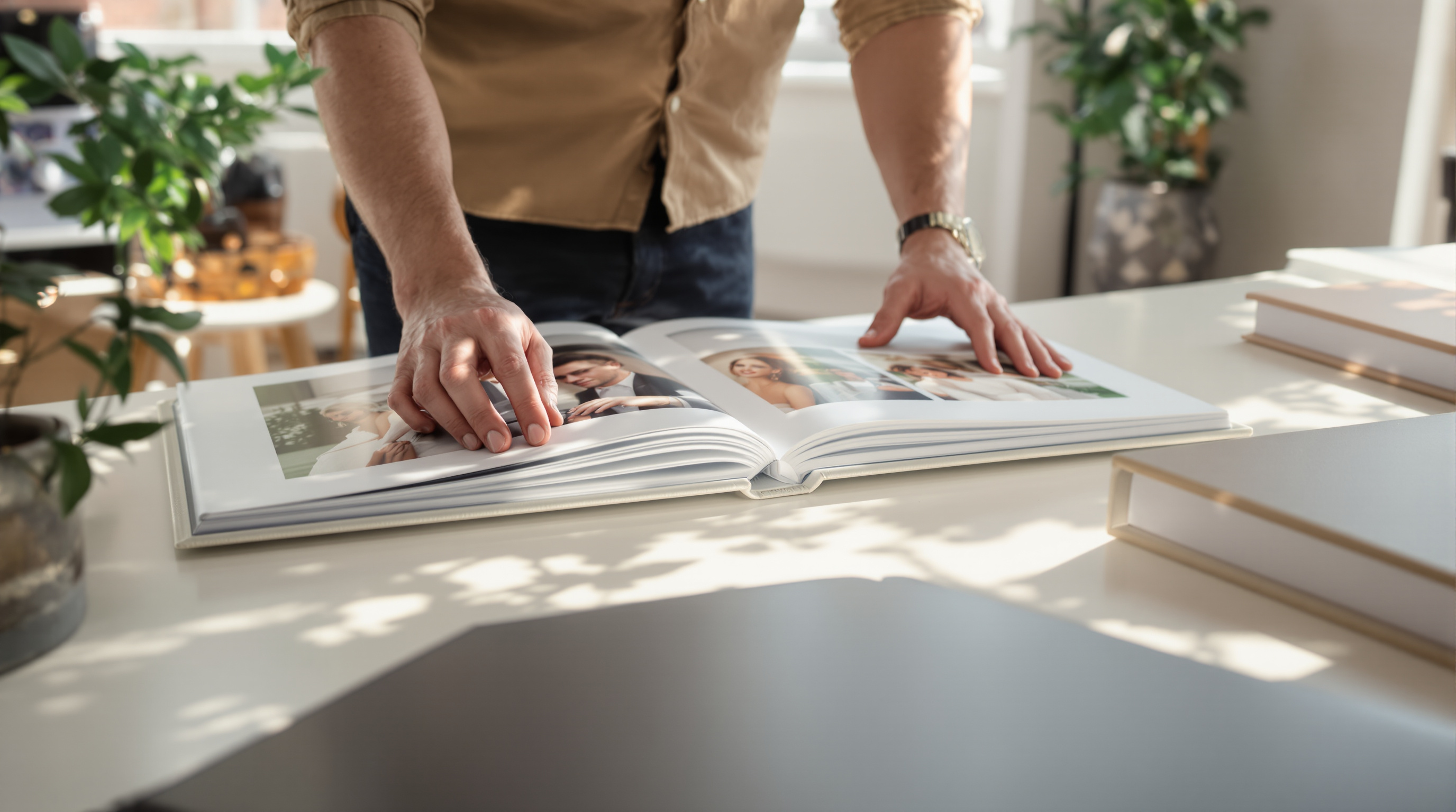 Photographer reviewing open lay-flat wedding album on white table with linen, leather, and acrylic sample albums in modern studio