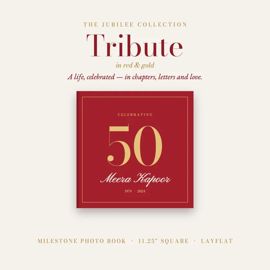 Tribute milestone photo book with a red and gold cover celebrating 50