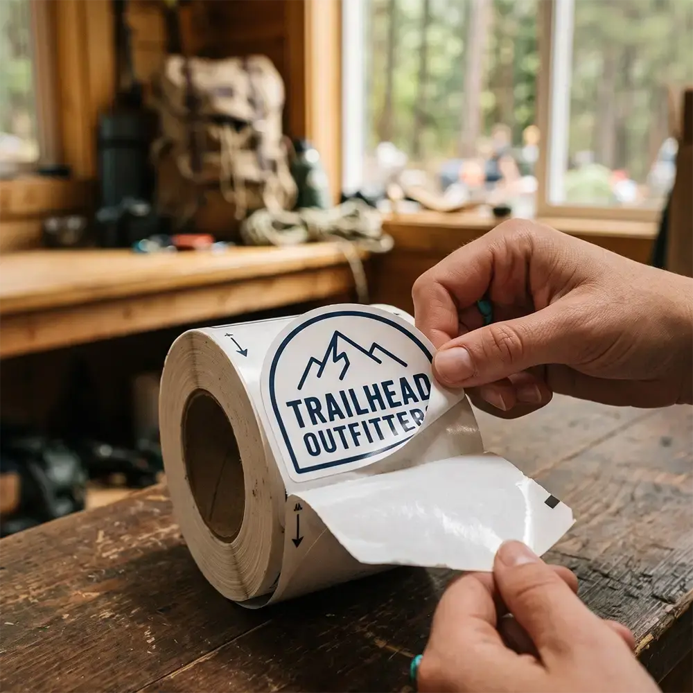 Trailhead Outfitter stickers on a roll