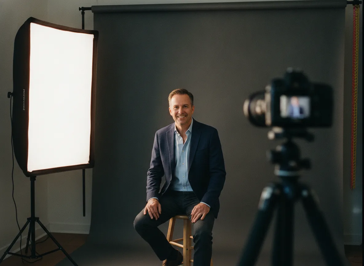 A smiling man in a navy blazer seated on a stool in front of a grey backdrop during a headshot session, lit by a softbox.