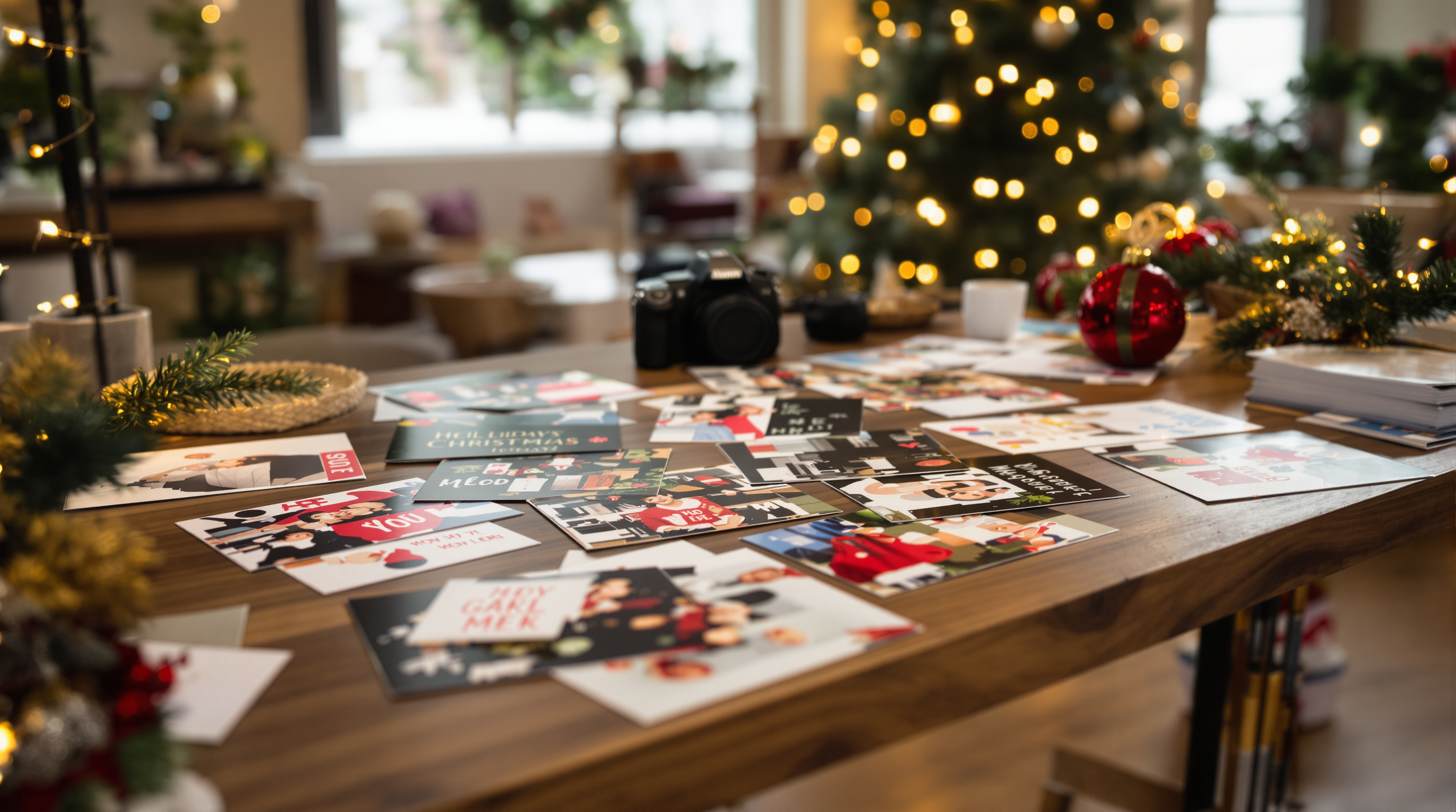 Holiday and Christmas cards displayed on wooden table with camera and festive decorations in Louisville photography studio
