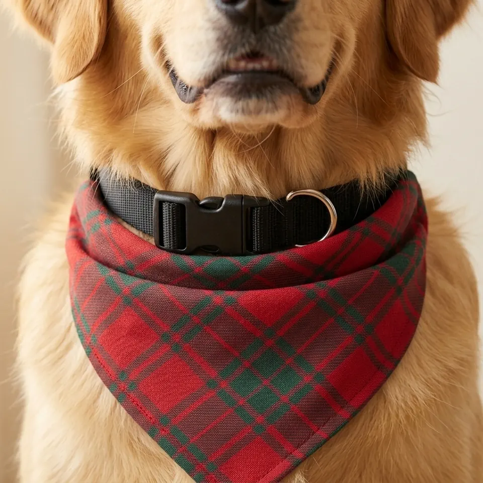 Golden retriever wearing a red tartan bandana