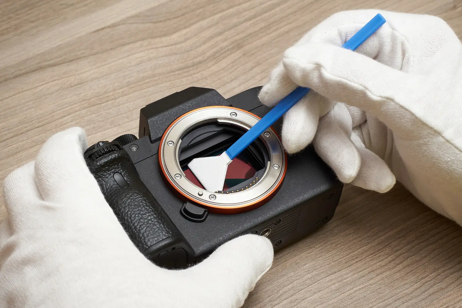Close-up of a professional technician wearing white gloves, carefully cleaning a camera sensor with a specialized swab