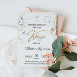 Personalizirana pozivnica za krštenje, elegantnog dizajna s cvjetnim motivima i zlatnim detaljima.
