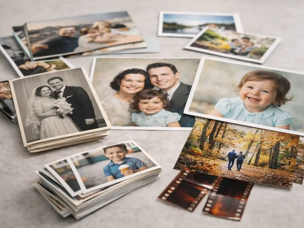 lean product-style image showing professional photo prints, enlargements, and printed photographs arranged on a table.