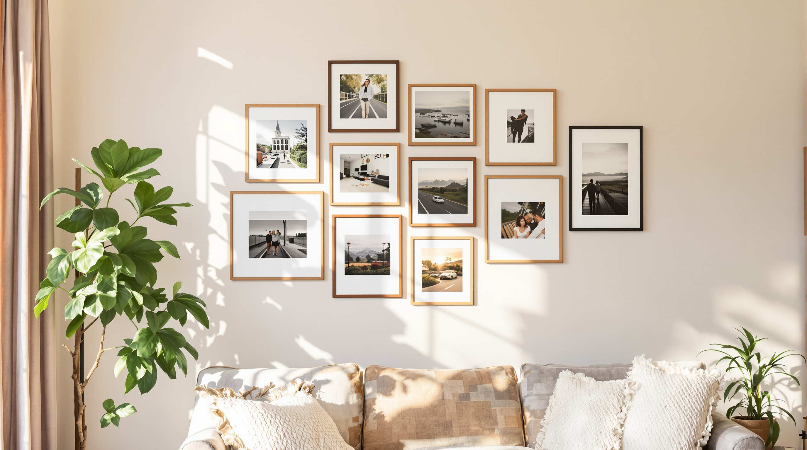 Gallery wall of analog film photos in mixed frames above cozy sofa with indoor plants in Louisville home