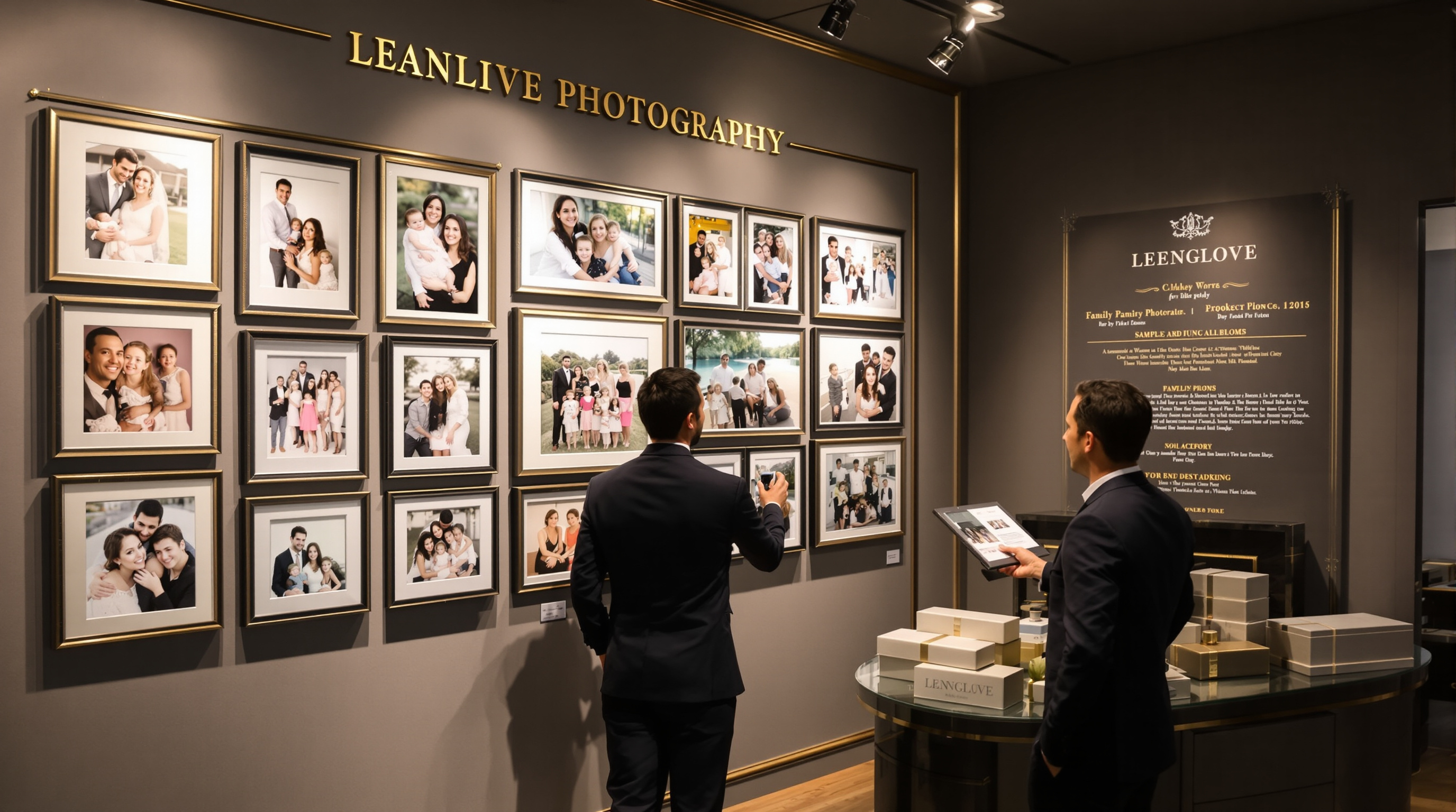 Professional photography studio with elegant wall display of framed portrait prints, sample albums, and pricing guide. A photographer showing a client family portrait options on large wall display with beautiful lighting and luxury presentation boxes nearb