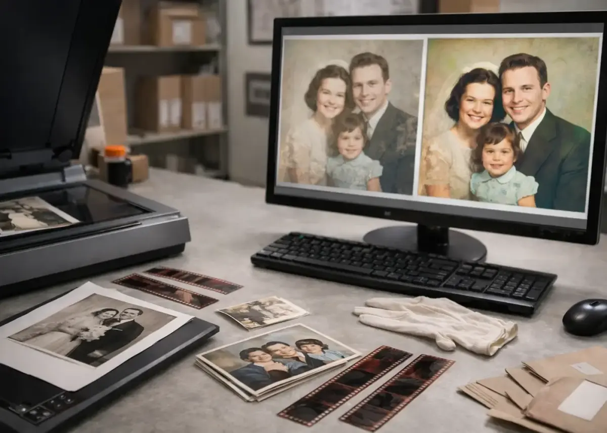 Workspace showing vintage photographs, negatives, and a monitor with restored image results.