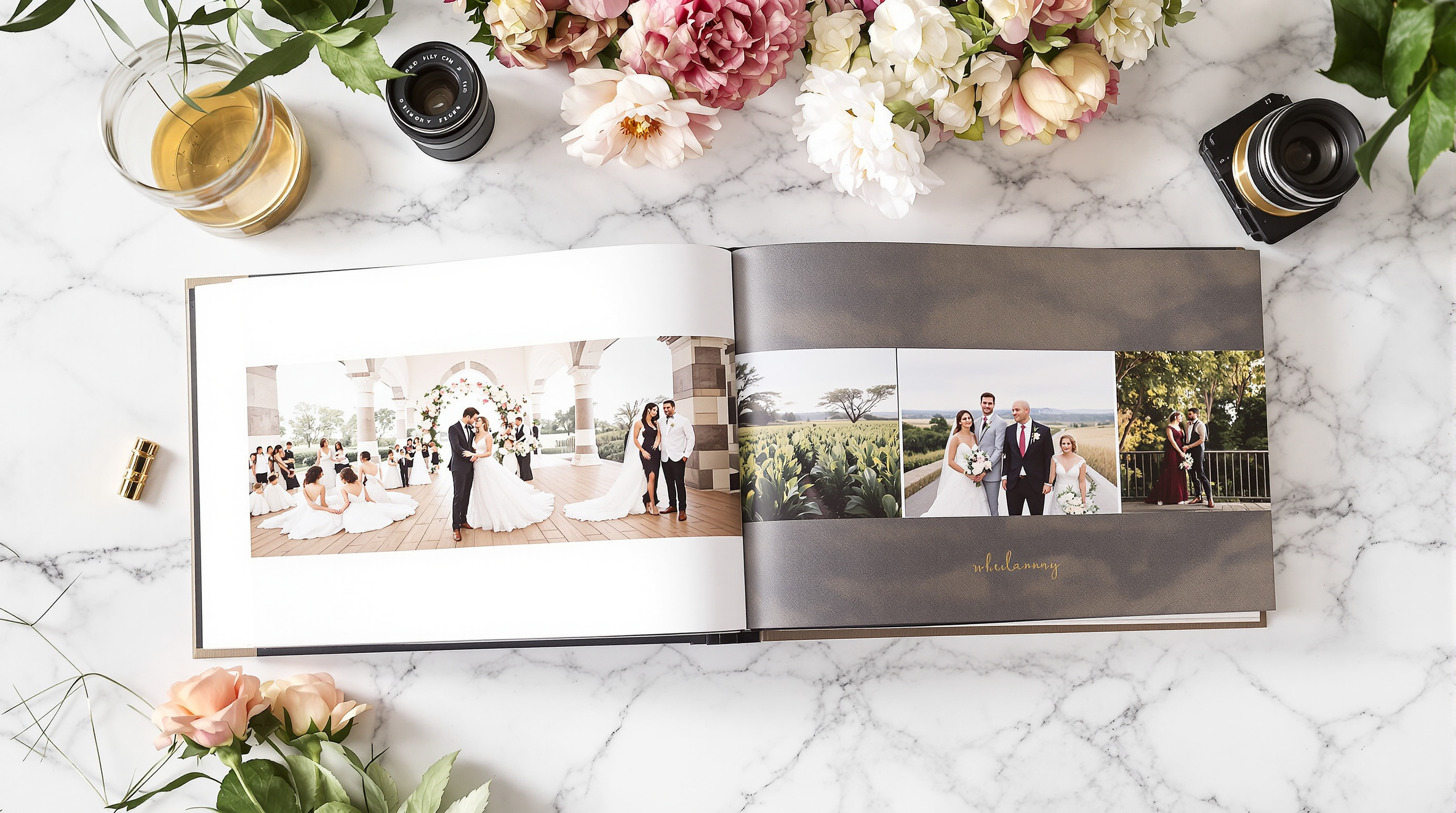 Two open luxury photo albums on white marble surface with camera, lens, and fresh flowers