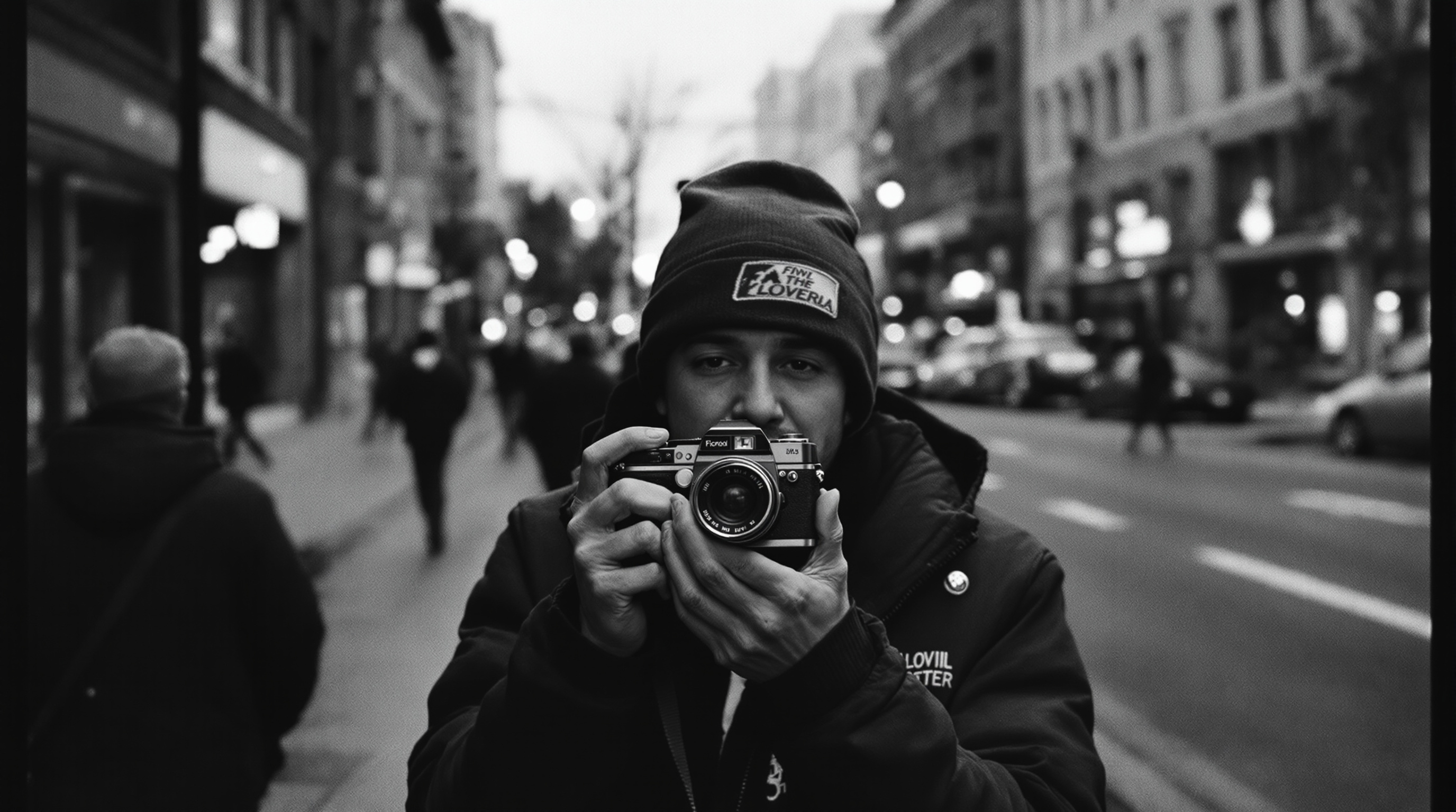 Street photographer holding vintage 35mm film camera on busy urban street in Louisville Kentucky