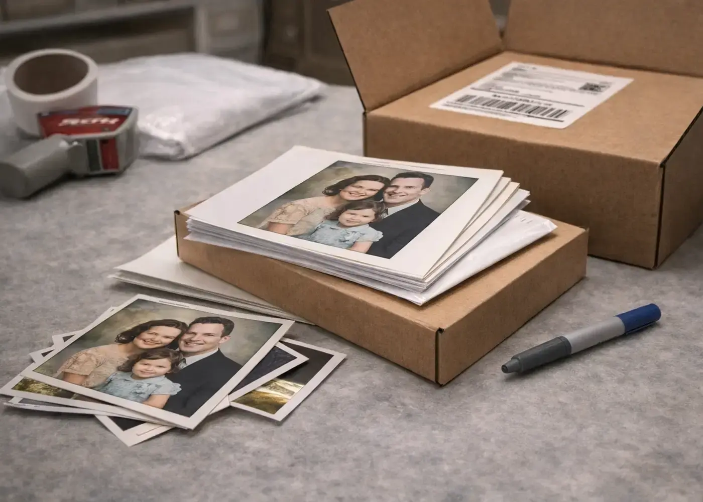 Photo print order scene showing finished prints, packaging, and shipping-ready presentation for customers ordering from Elizabethtown.