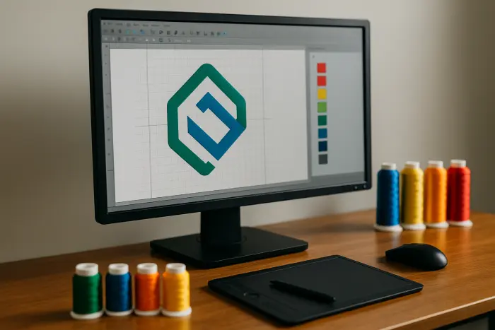 Embroidery digitizing software on screen with thread swatches