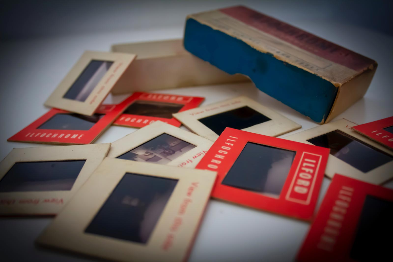Loose 35mm slides in a storage box