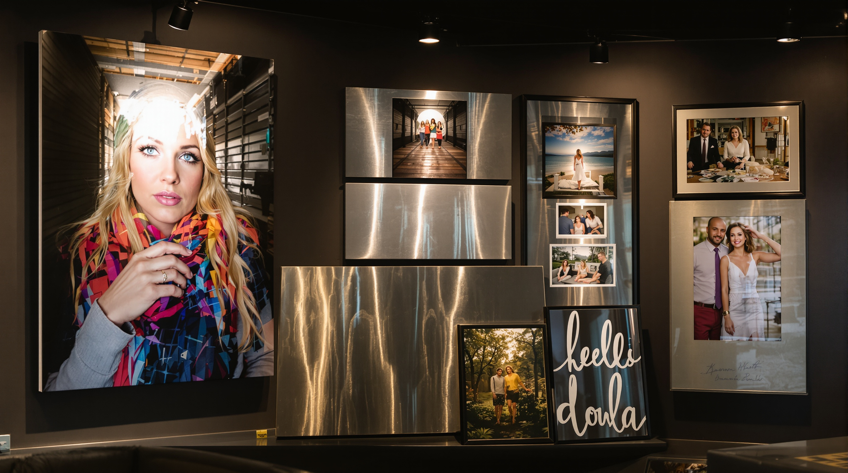 Professional photo printing lab in Louisville with various print displays including a large canvas portrait print, metallic metal prints with vibrant colors, and framed fine art photographs on textured papers. Warm lighting highlighting the premium finishe