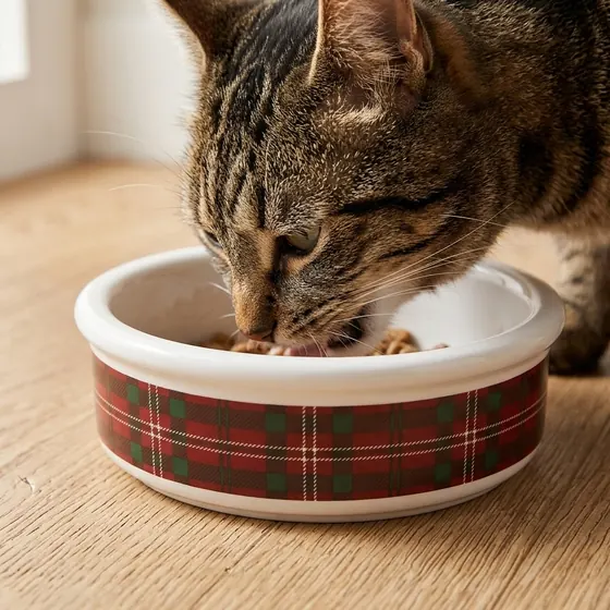 Tabby cat eating from a tartan pet bowl