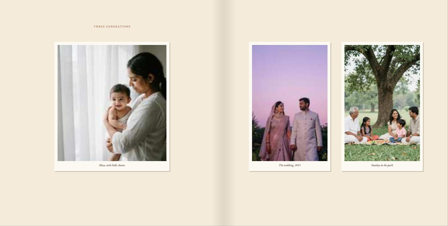 An open Roots photo book from The Jubilee Collection, with a family's photographs across three generations