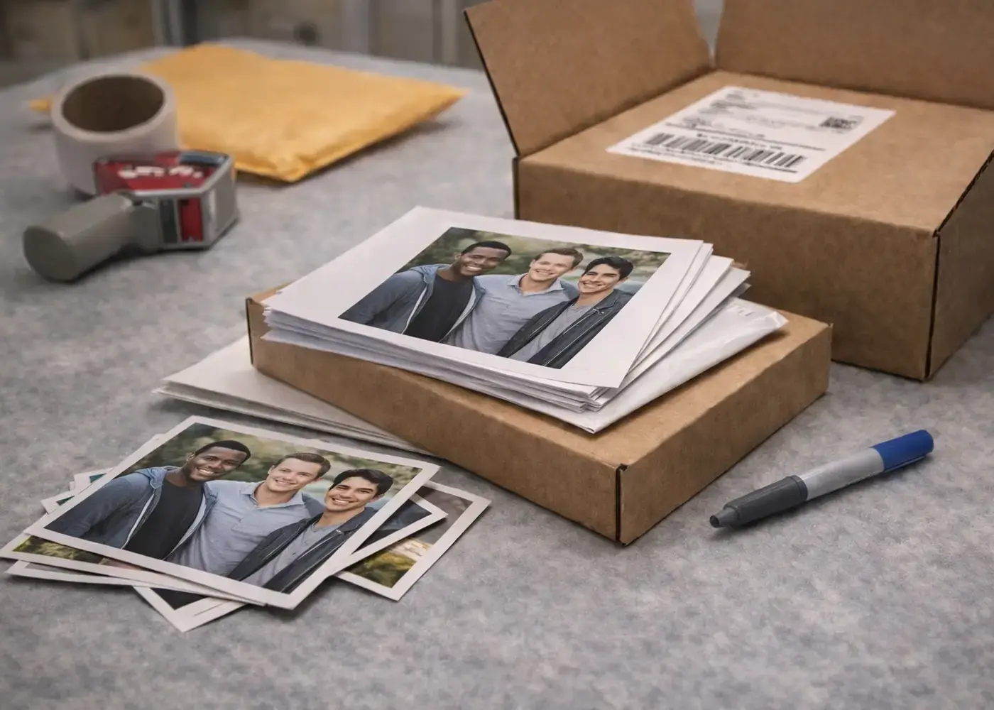 Print fulfillment scene showing finished photo prints, protective packaging, and shipping-ready materials on a clean worktable.