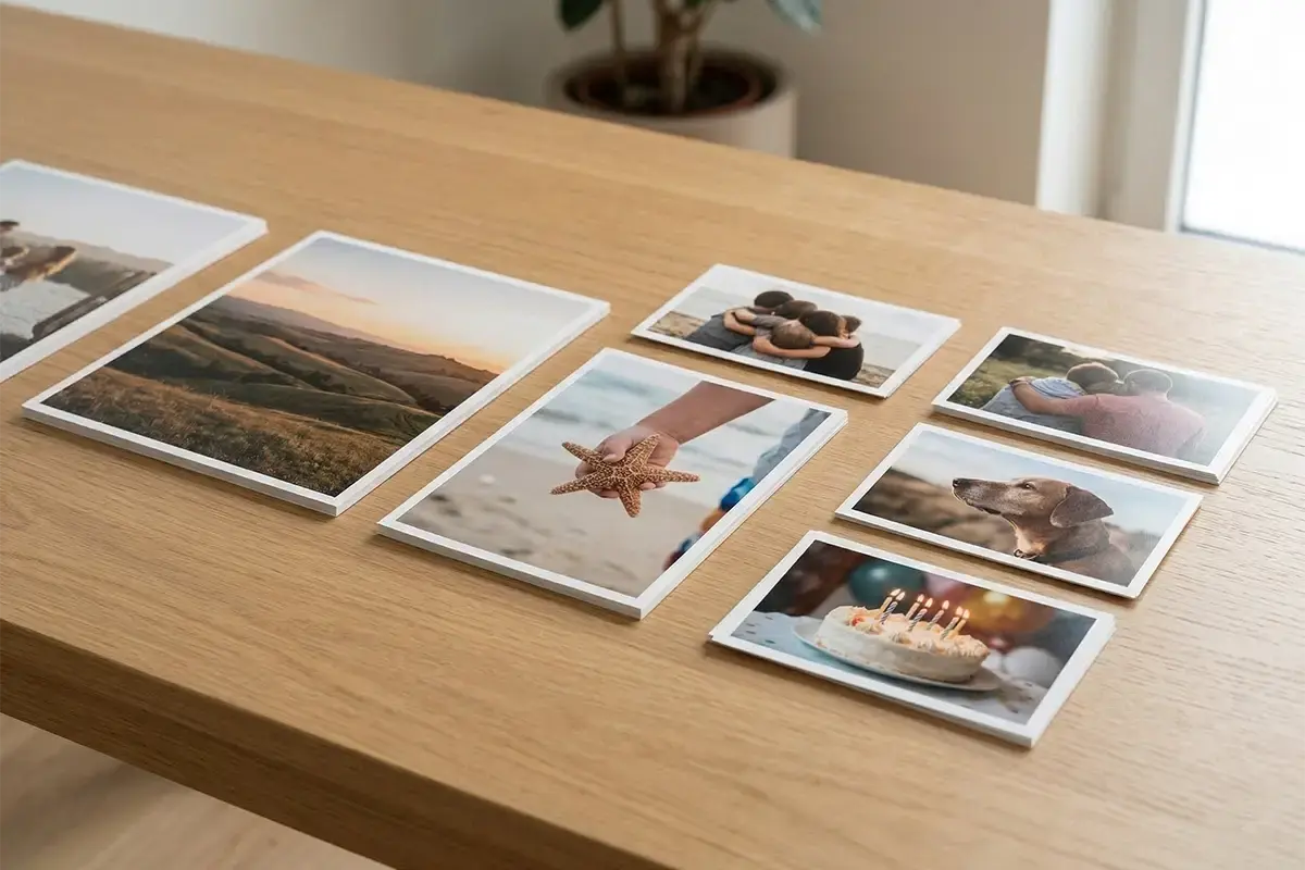 Finished photo prints laid out neatly on a clean table with color-accurate family images and a professional print lab feel