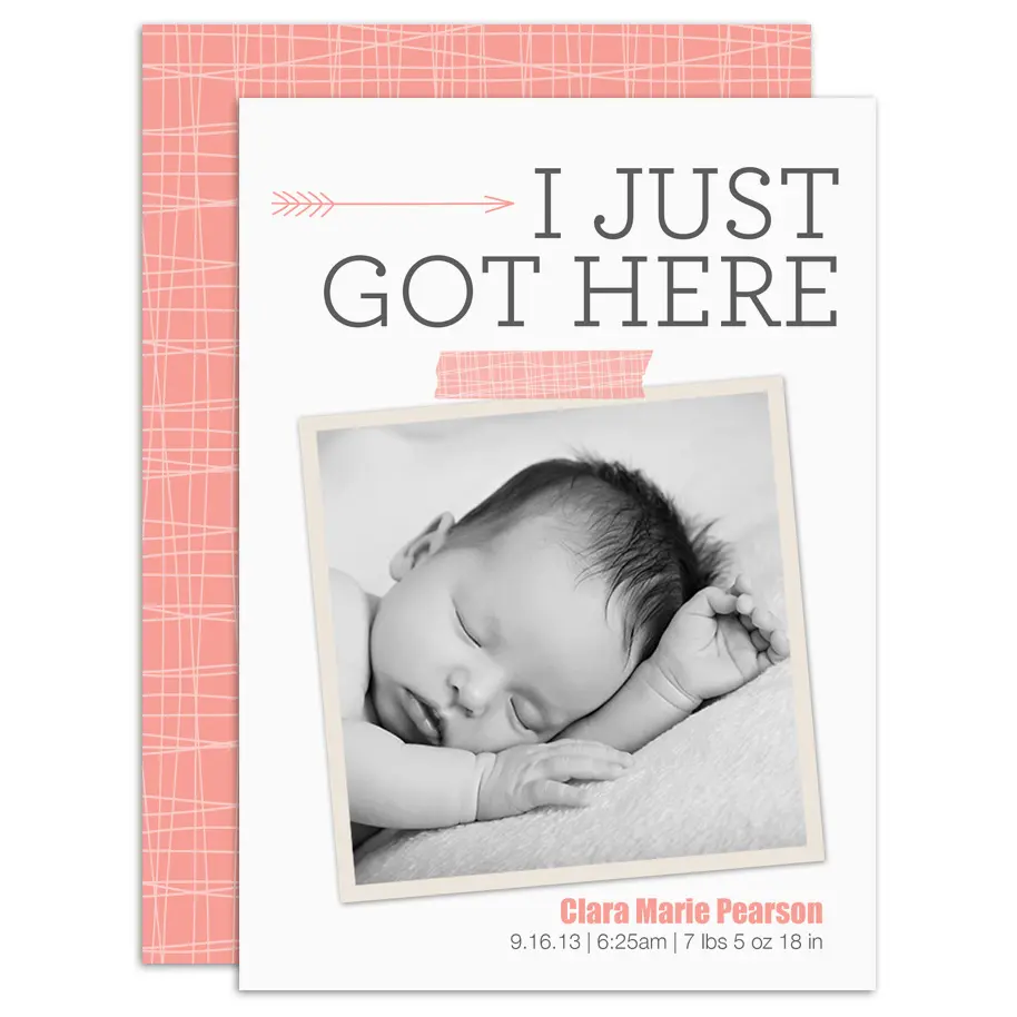 Baby announcement photo card with coral arrow design