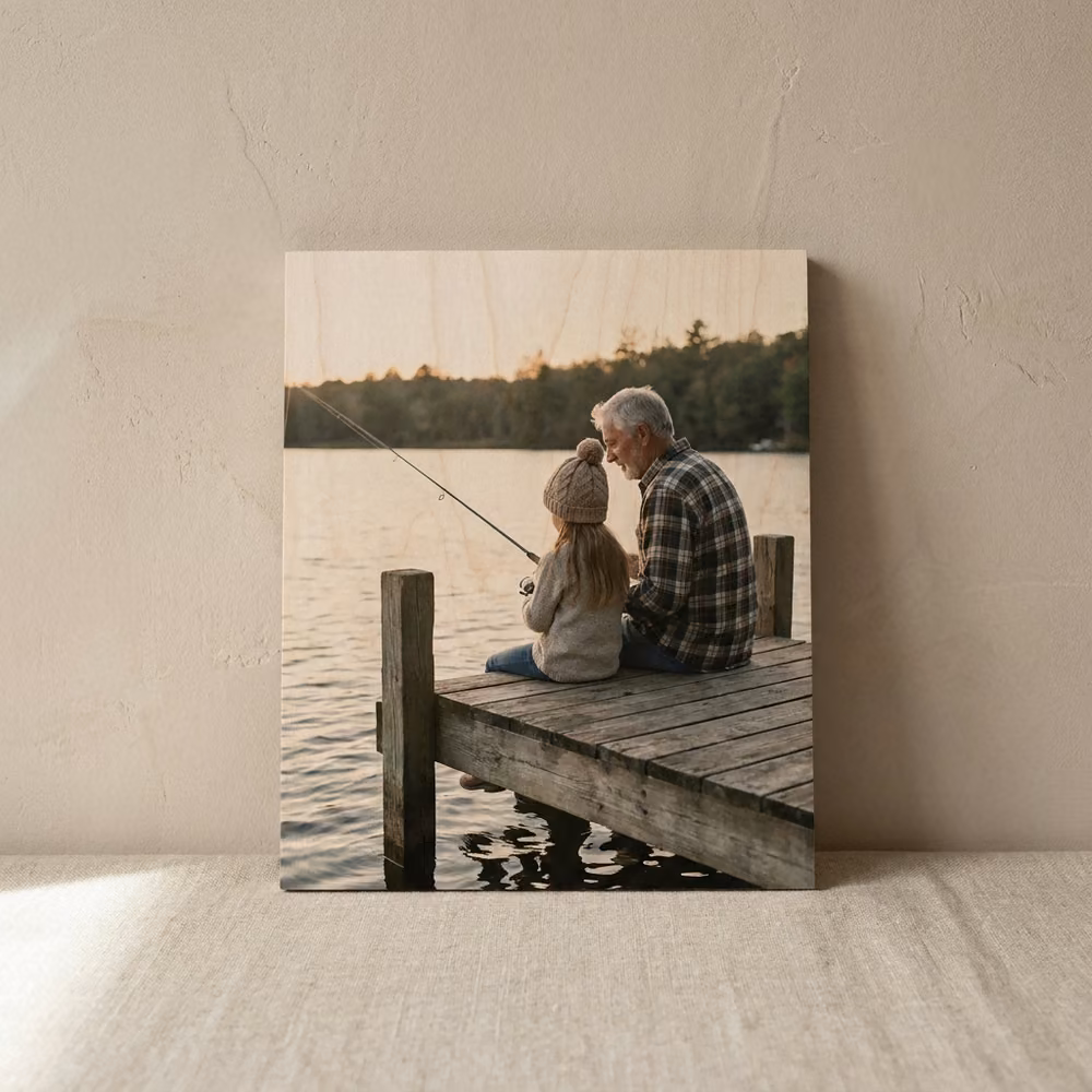 Maple wood print of a grandfather and granddaughter fishing
