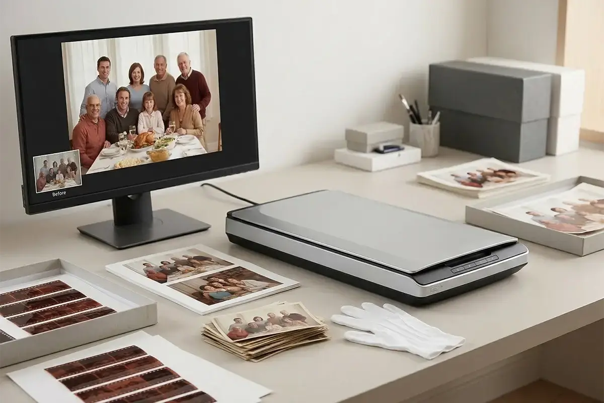 Old photographs film strips and a monitor displaying a restored image in a clean archival workspace