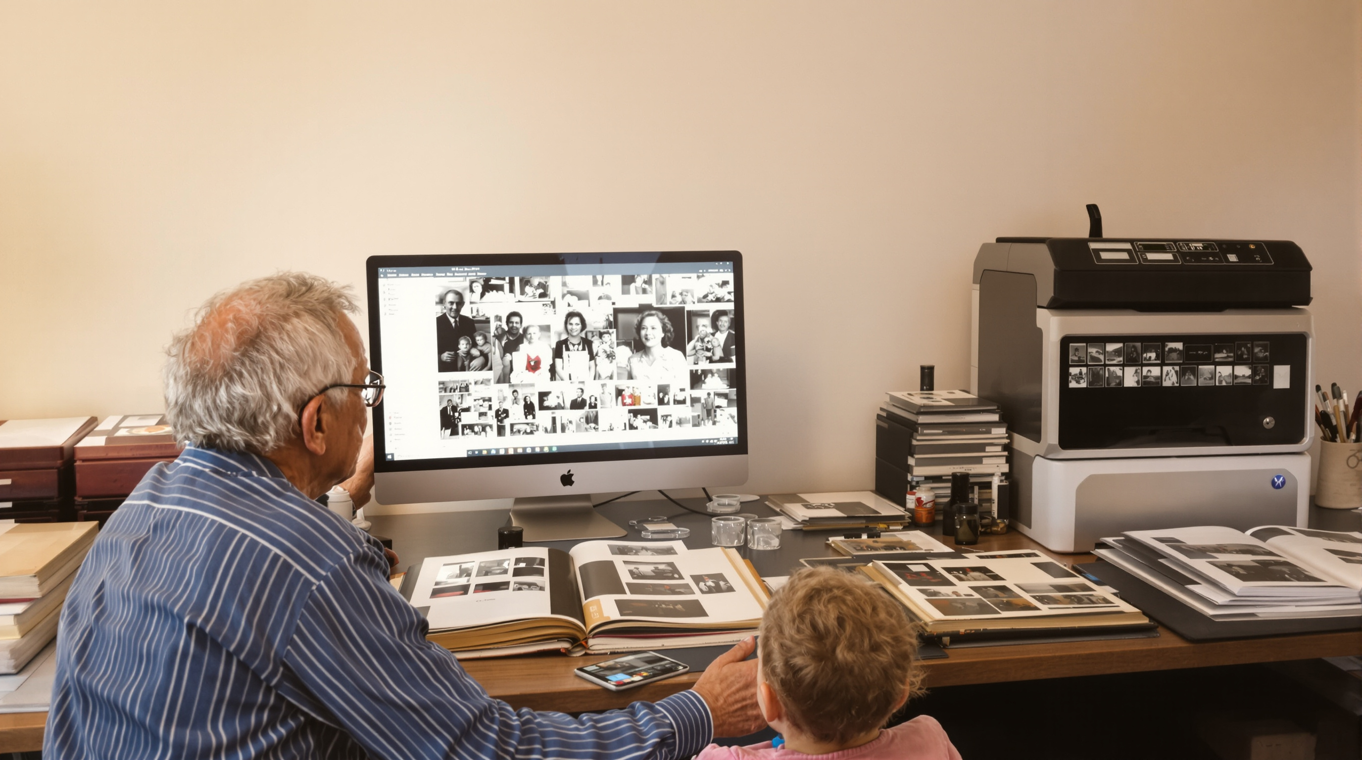 A warm, nostalgic scene in a professional photo digitization studio in Louisville, showing an elderly person and grandchild looking at restored family photographs on a computer screen, with vintage photo albums, film negatives, and slides carefully arrange