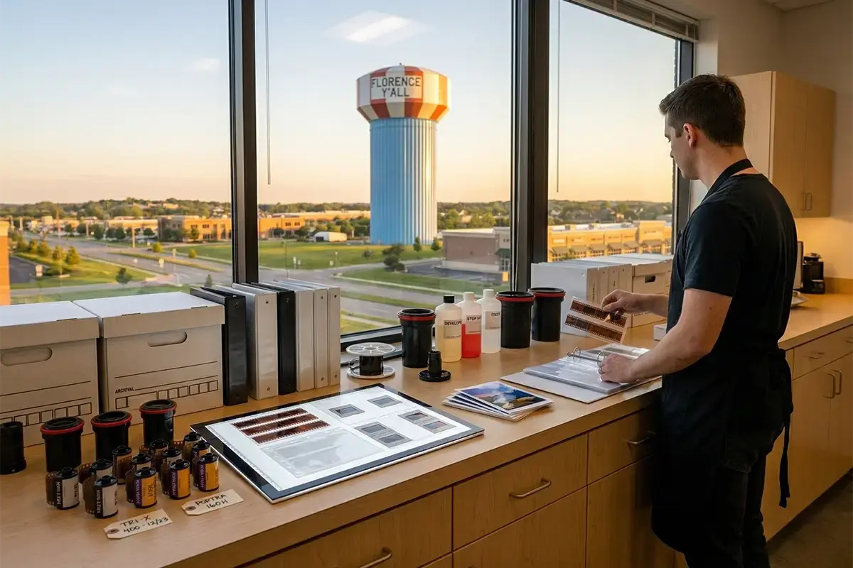 Film developing counter with 35mm film canisters, negatives, archival sleeves, and a clean professional lab workspace