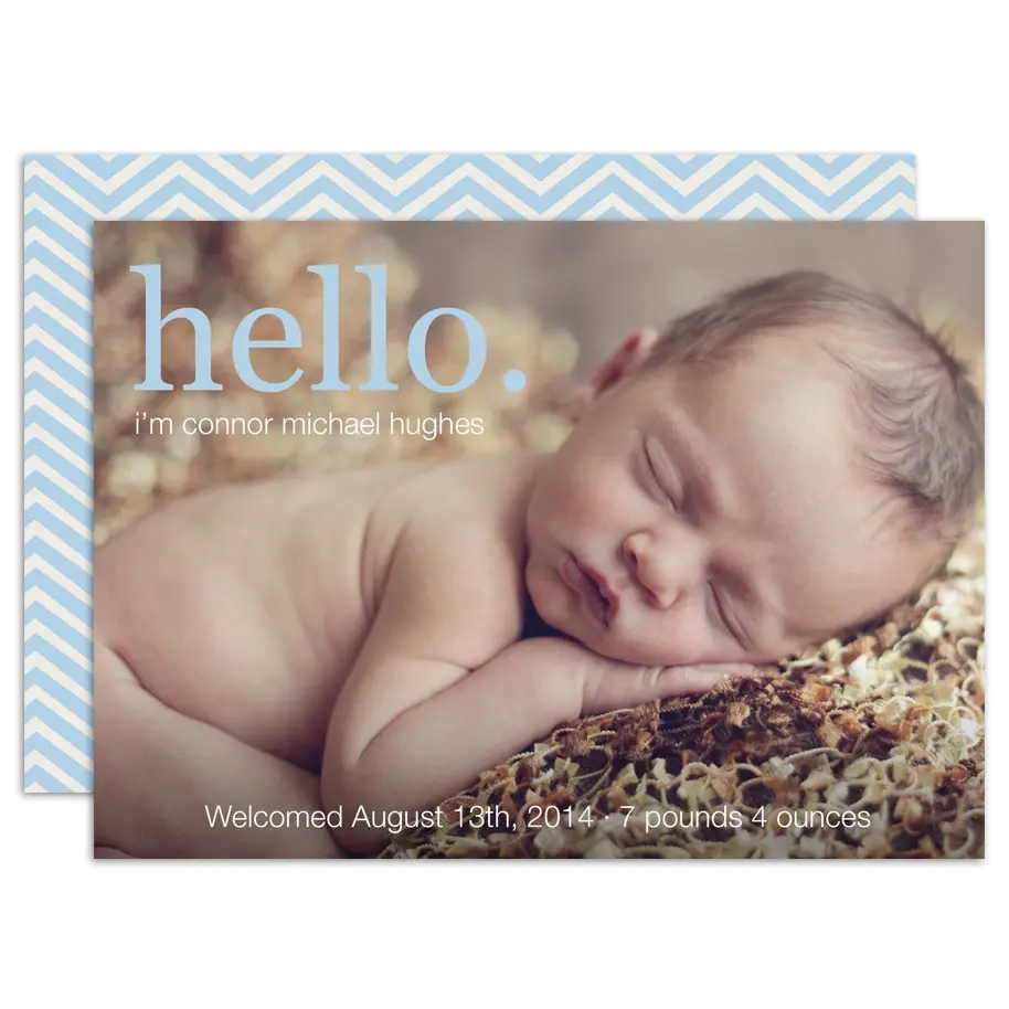 Baby announcement photo card with blue chevron design