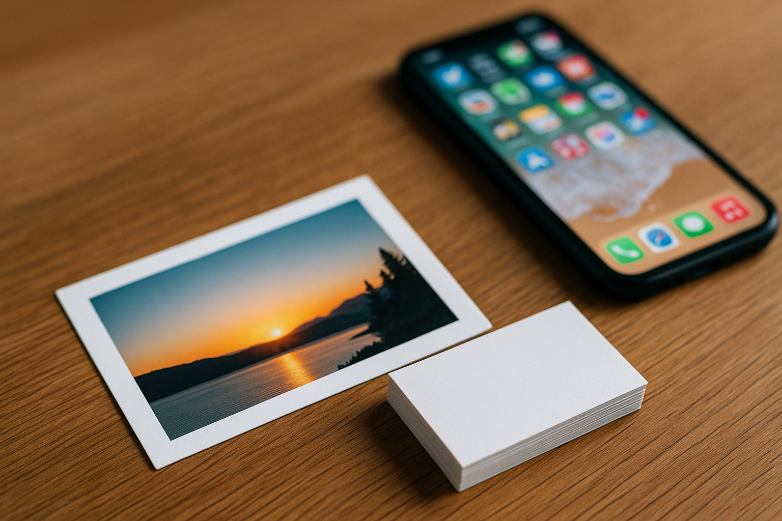 Printed photo and business cards on a wooden desk with smartphone in background