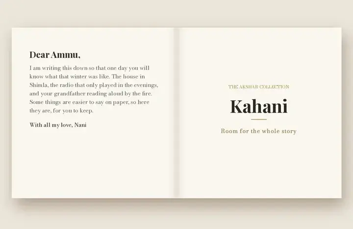 Kahani long-form story book – a letter on the left page and the title page on the right