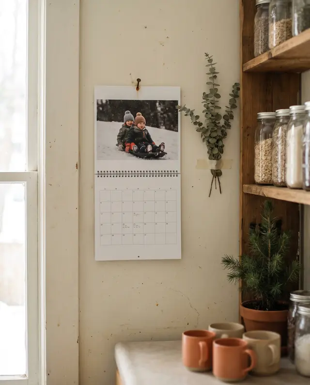Photo wall calendar on a kitchen wall