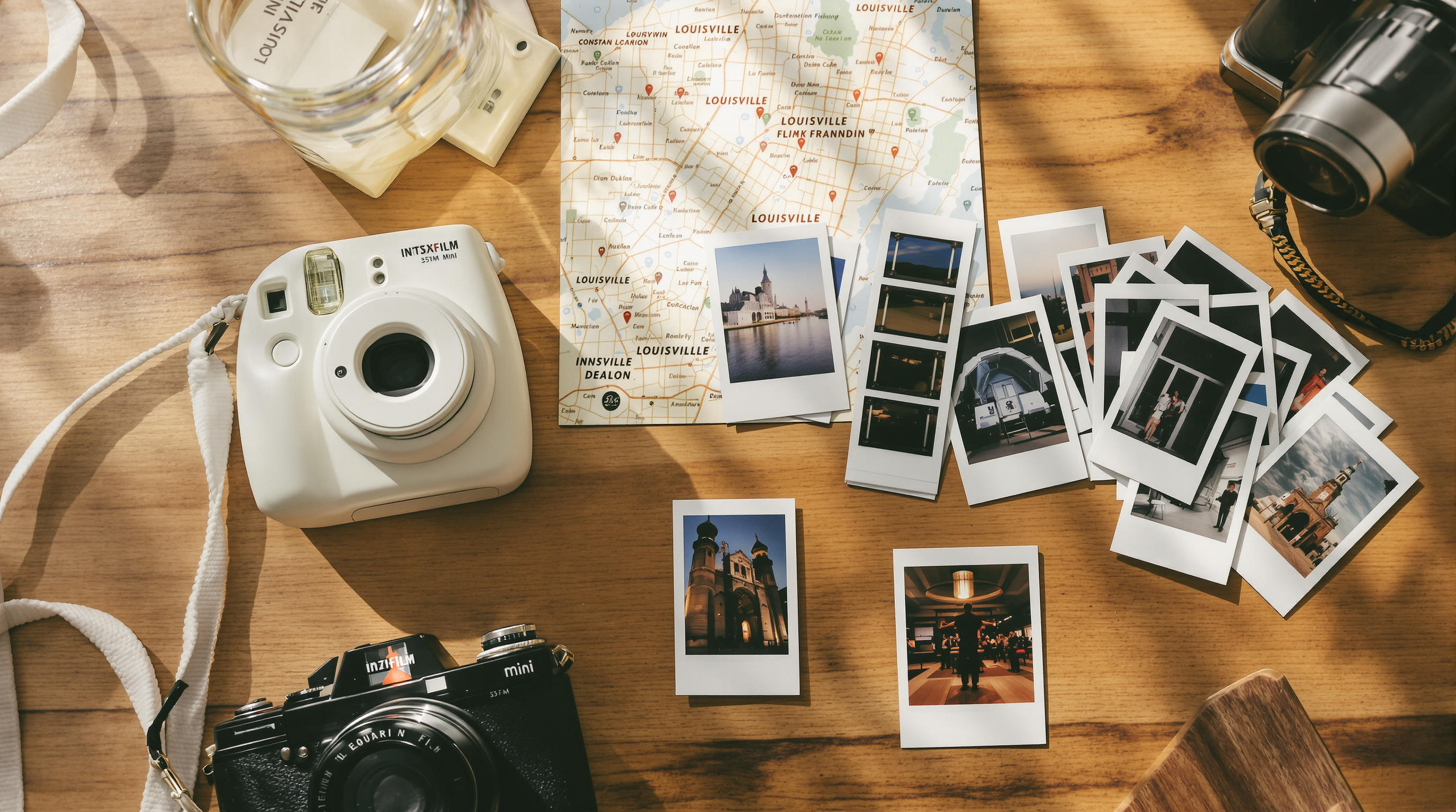 Flat lay of Fujifilm Instax Mini camera, 35mm analog camera, Instax prints, and film negatives on wooden table with Louisville city map